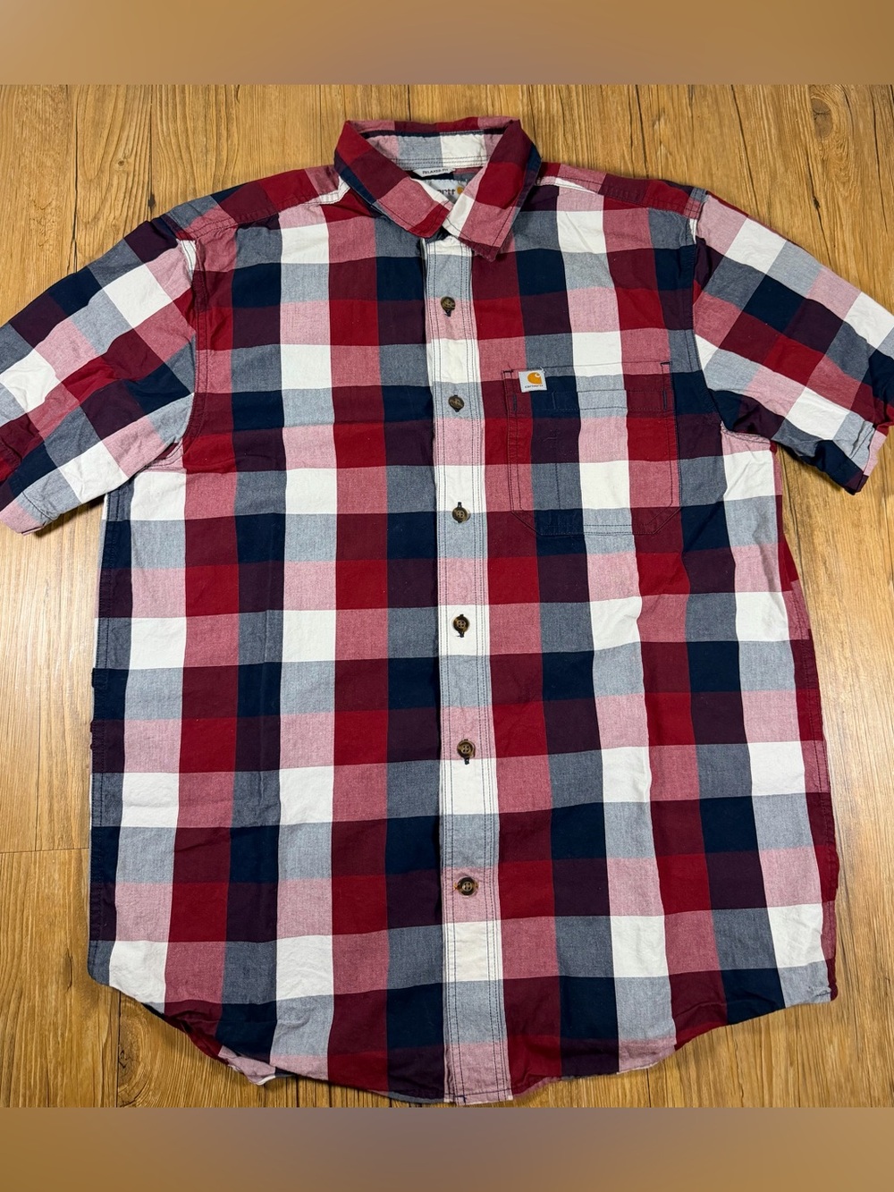 Carhartt Men’s Plaid Short Sleeve Button Up Shirt Red Navy Workwear Casual